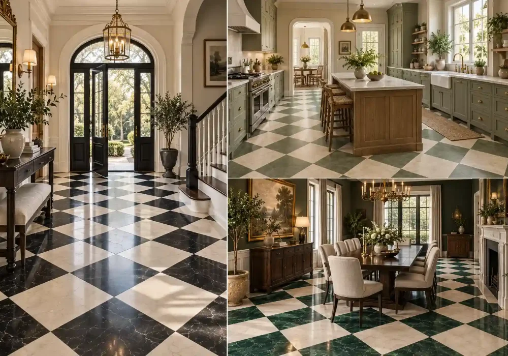 Four stylish interior spaces showcasing different checkerboard floor ideas, including black and white, sage and ivory, marble, and emerald green checkerboard flooring in elegant kitchens, foyers, and dining rooms.