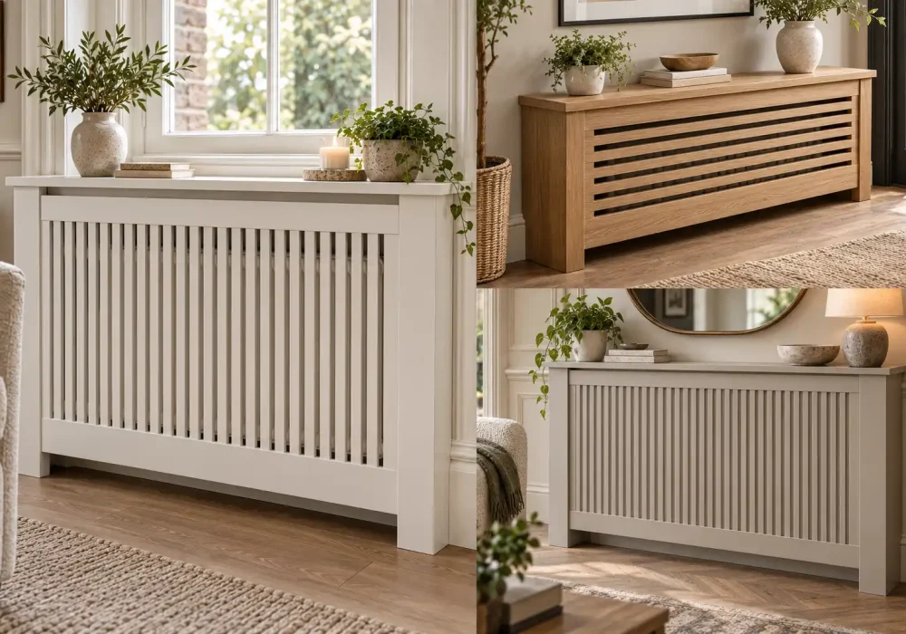 Collage of three stylish radiator cover ideas featuring a classic white slatted design, natural oak Scandinavian cover, and elegant greige fluted panel cover in modern home interiors.