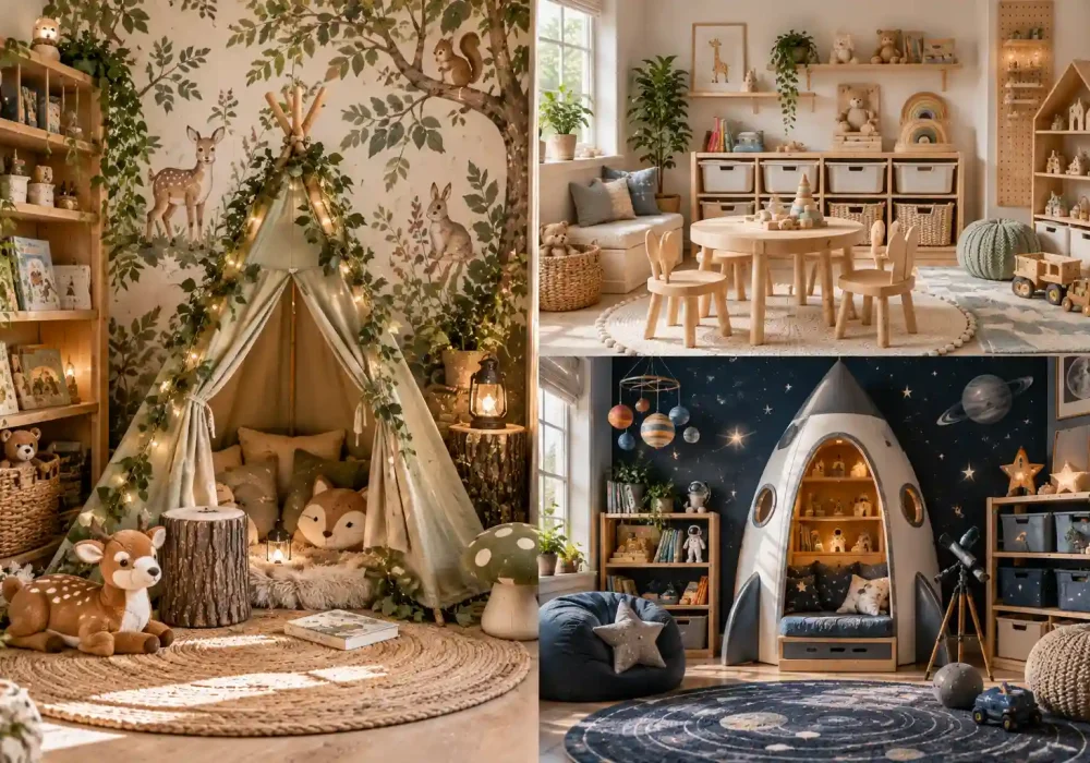 Four stylish children's playroom ideas featuring an enchanted woodland nook, colorful rainbow play area, Scandinavian play haven, and magical castle-themed play corner in a Pinterest-style interior design collage.