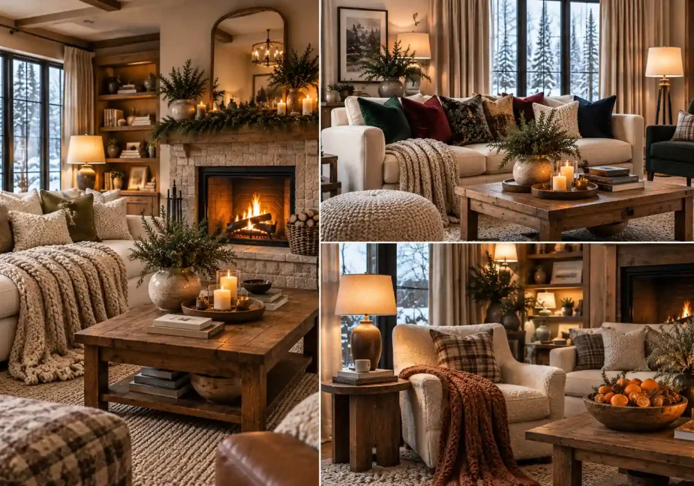 13 winter living room decor ideas featuring cozy layered textiles, chunky knit blankets, warm lighting, fireplace styling, winter greenery, textured rugs, candles, and inviting neutral interiors.