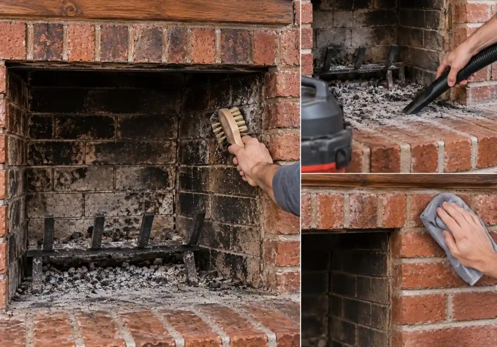 Vertical Pinterest-style collage showing three photorealistic brick fireplaces at different cleaning stages, from soot-covered brick and active scrubbing to a freshly cleaned fireplace, with a central cleaning guide headline and SmartDecorFinds.com branding. How to Clean a Brick Fireplace