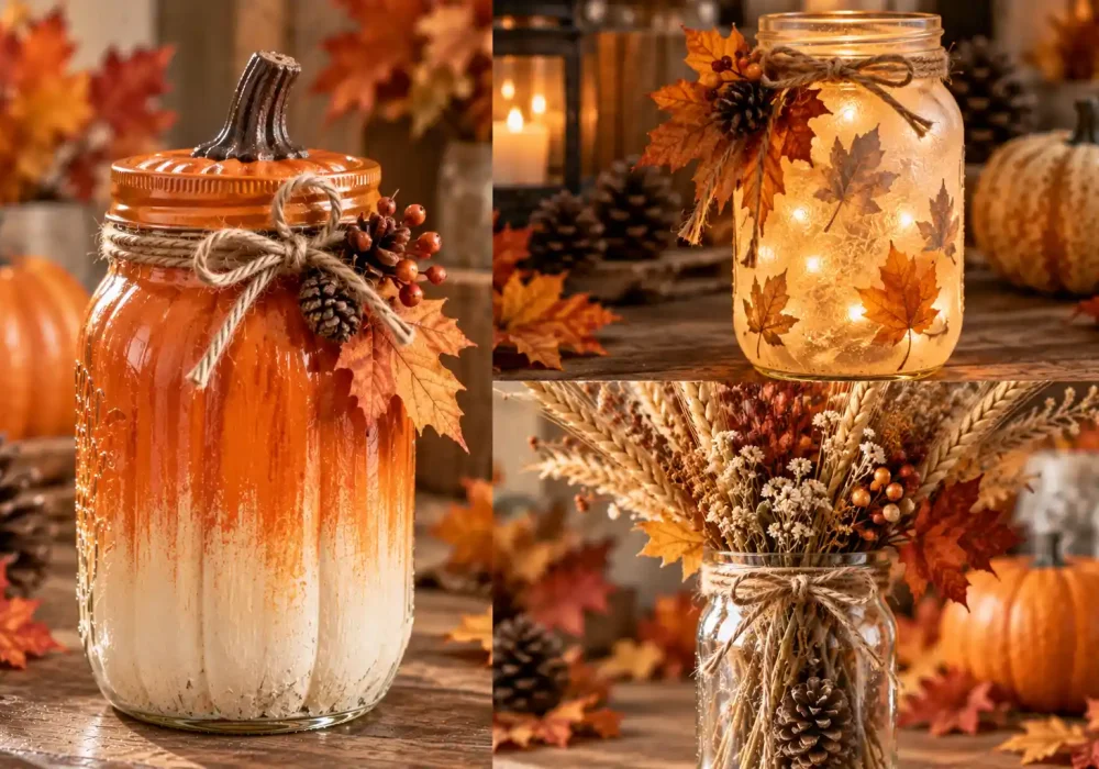 Three-photo editorial collage featuring different fall mason jar decoration ideas, including a painted pumpkin jar, glowing fairy light lantern, and dried wheat and wildflower Mason jar centerpiece.