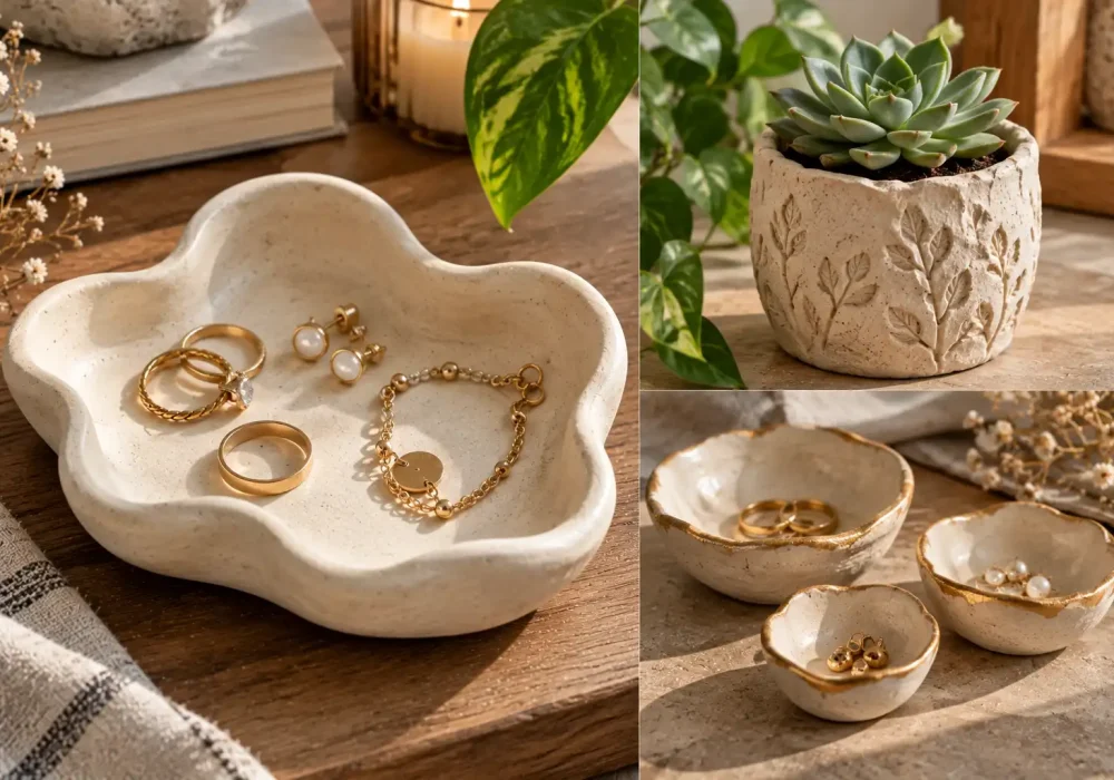 Three-photo editorial collage featuring handmade Air-Dry Clay Projects including an organic trinket dish, textured succulent planter, and mini clay bowls with gold leaf edges.