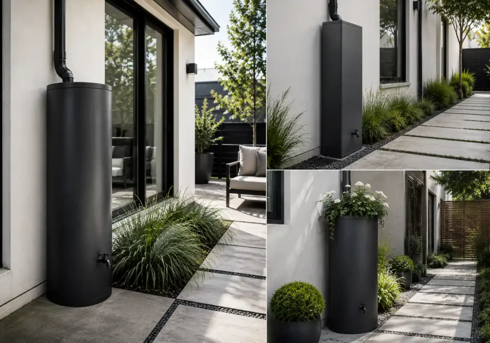 Three stylish contemporary rain barrel ideas displayed in a full-bleed editorial collage, featuring a matte-black sculptural barrel, a tall architectural charcoal rainwater tank, and a modern rain barrel with an integrated planter beside contemporary homes and minimalist landscaping.