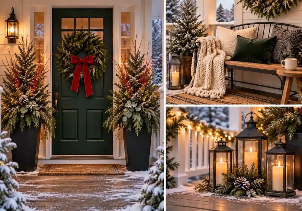 Winter porch ideas collage featuring evergreen planters, lanterns, cozy seating, string lights, wreaths, layered doormats, birch logs, and snowy porch trees.