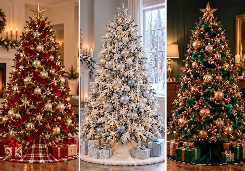 Christmas tree inspiration collage featuring traditional, minimalist, farmhouse, flocked, vintage, colorful, woodland, coastal, and elegant holiday tree decorating styles Christmas Tree Ideas