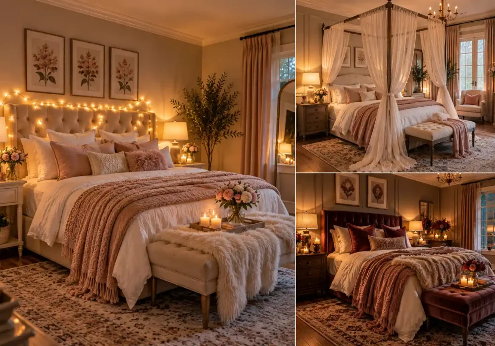 Romantic Bedroom Decor Ideas featuring warm fairy lights, elegant layered bedding, a canopy-inspired bed, soft textiles, flowers, and cozy ambient lighting in a sophisticated Pinterest-style interior.
