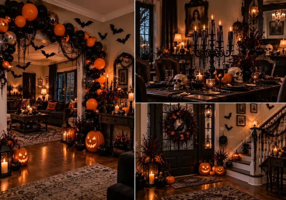 15 indoor Halloween decor ideas shown in a stylish spooky living room featuring glowing pumpkins, black candles, gothic accents, bats, cobwebs, and classic Halloween decorations.