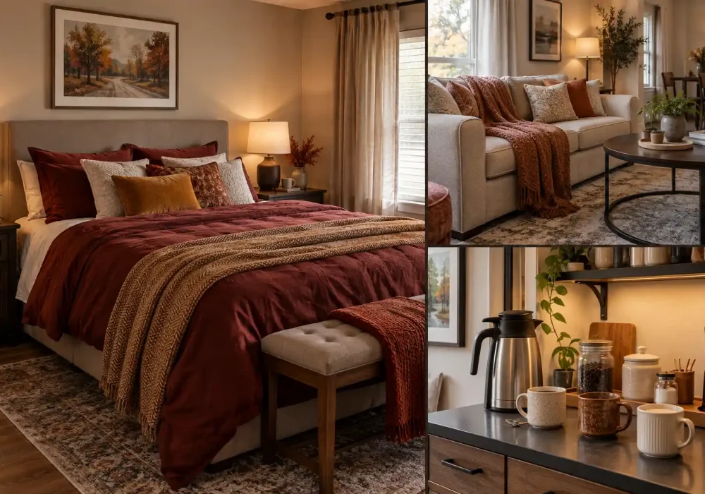Realistic fall home interior collage featuring three different cozy decorating ideas, including warm-toned bedding, a neutral living room with a cozy blanket, and a practical tea or coffee corner. fall home decor