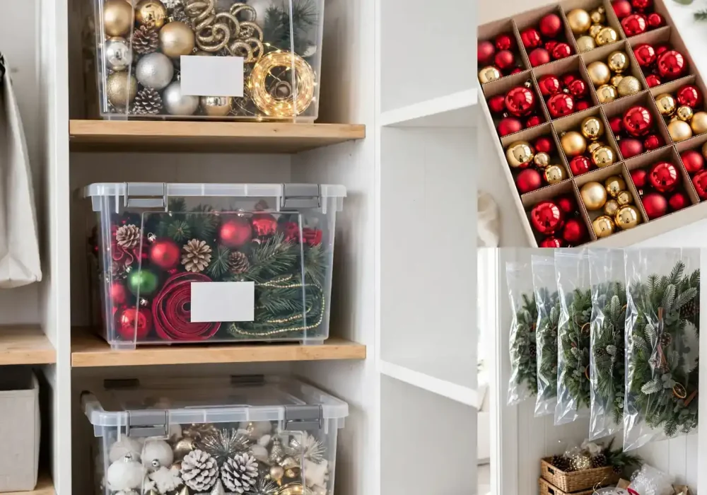 Holiday decor storage ideas collage: labeled clear storage bins, divided ornament boxes, and wreath storage bags