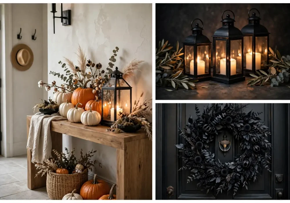 Halloween entryway decor ideas collage: pumpkin vignette console table, glowing lantern pathway, and black statement wreath
