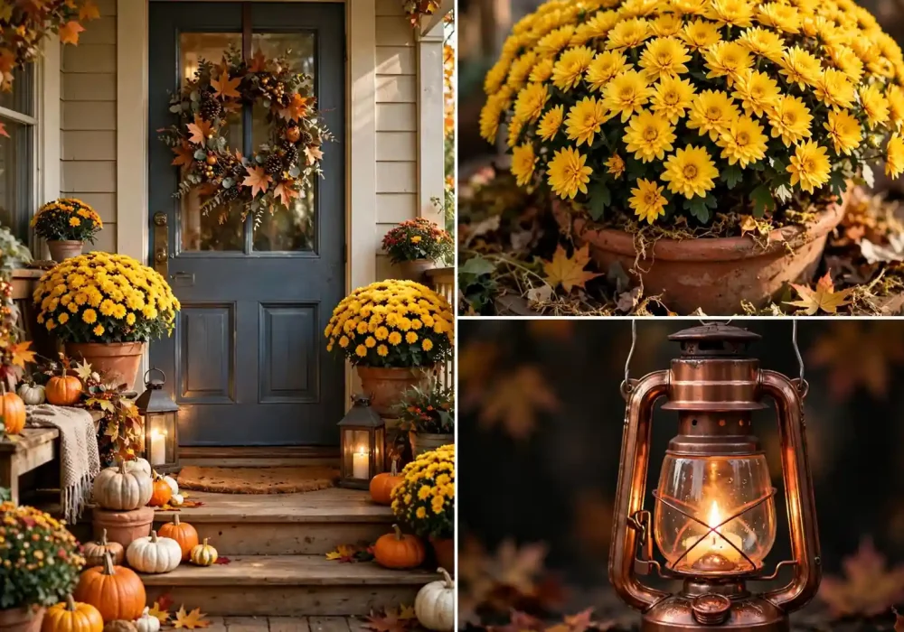 Cozy fall front door with mums, pumpkins, and lanterns, the featured look for these fall front door decor ideas