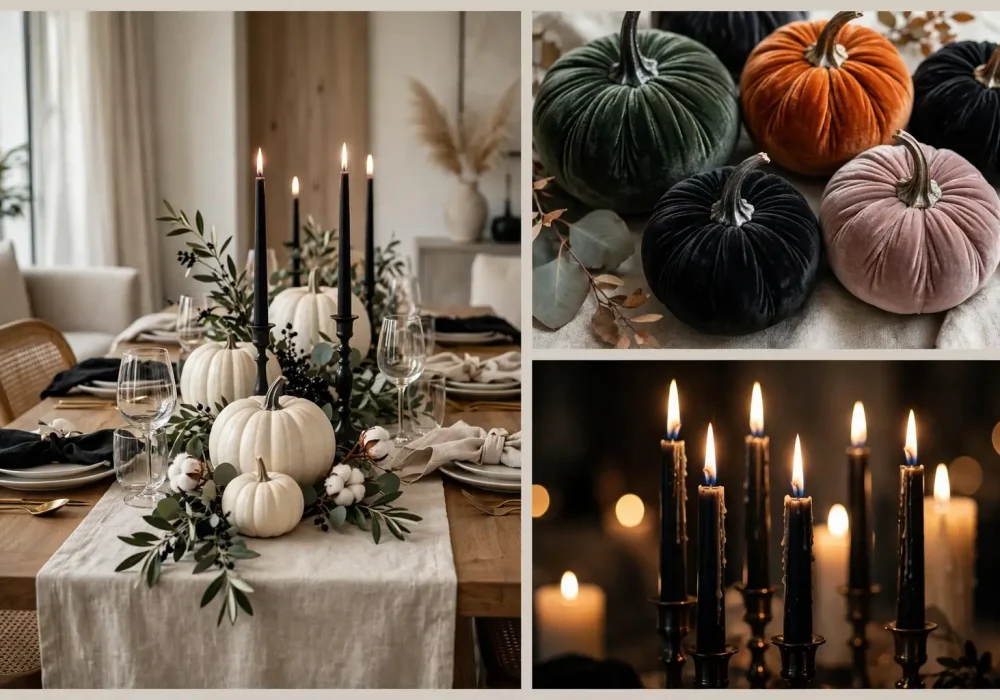 Halloween table decor ideas collage with an elegant candlelit tablescape, velvet pumpkins and glowing candles