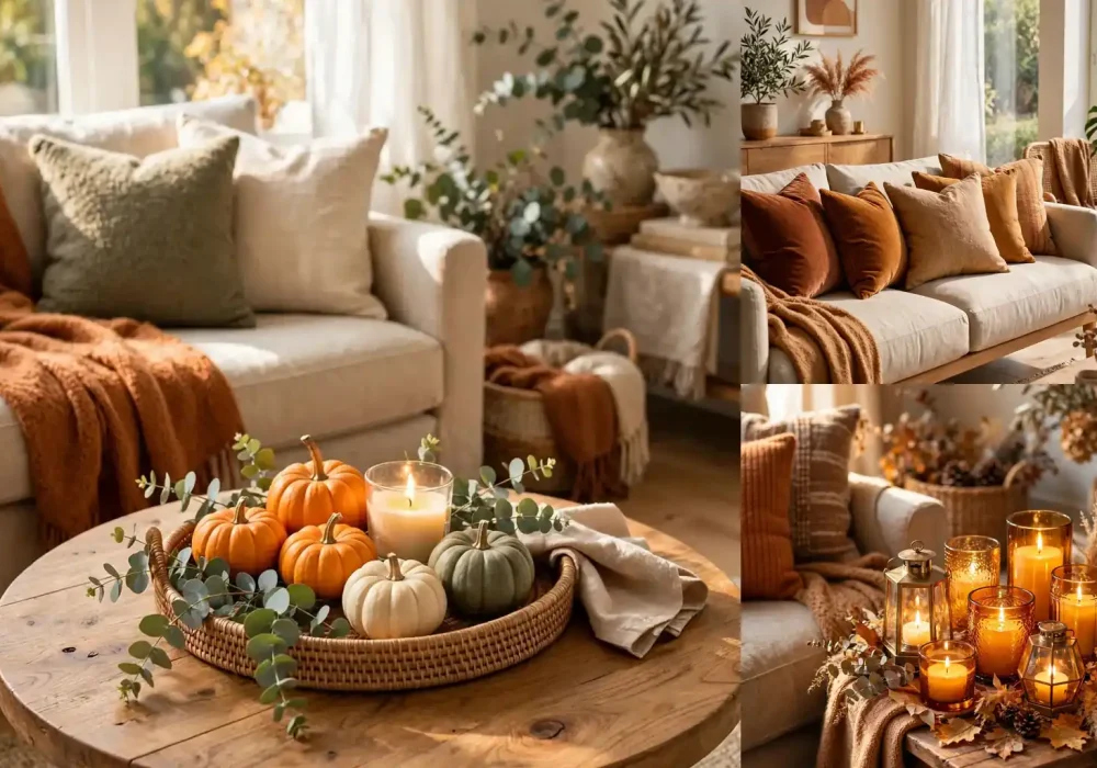 Cozy fall living room decor collage with warm autumn styling ideas