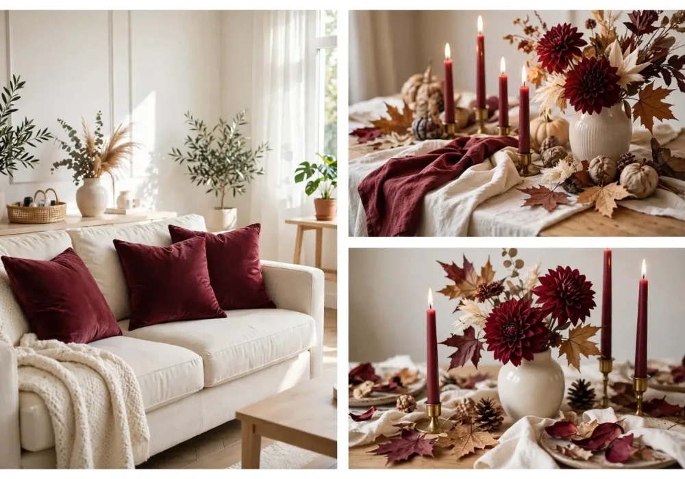 Burgundy fall decor collage showing burgundy velvet pillows on a cream sofa, a burgundy and cream tablescape with taper candles, and dried burgundy dahlias in a vase