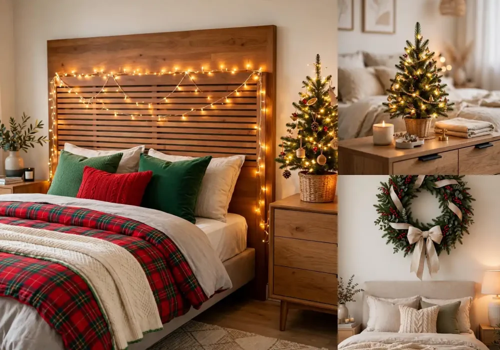 Collage of cozy christmas bedroom decor scenes with festive bedding, glowing tree, and wreath details