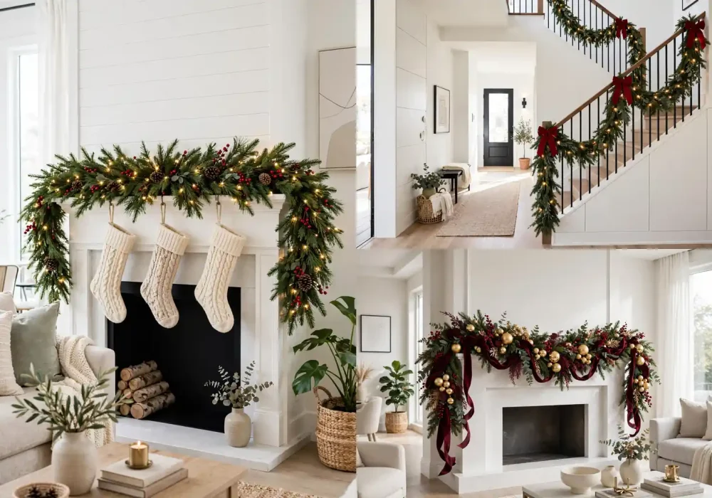 Featured christmas garland ideas grid showing a mantel garland, staircase garland and burgundy gold garland