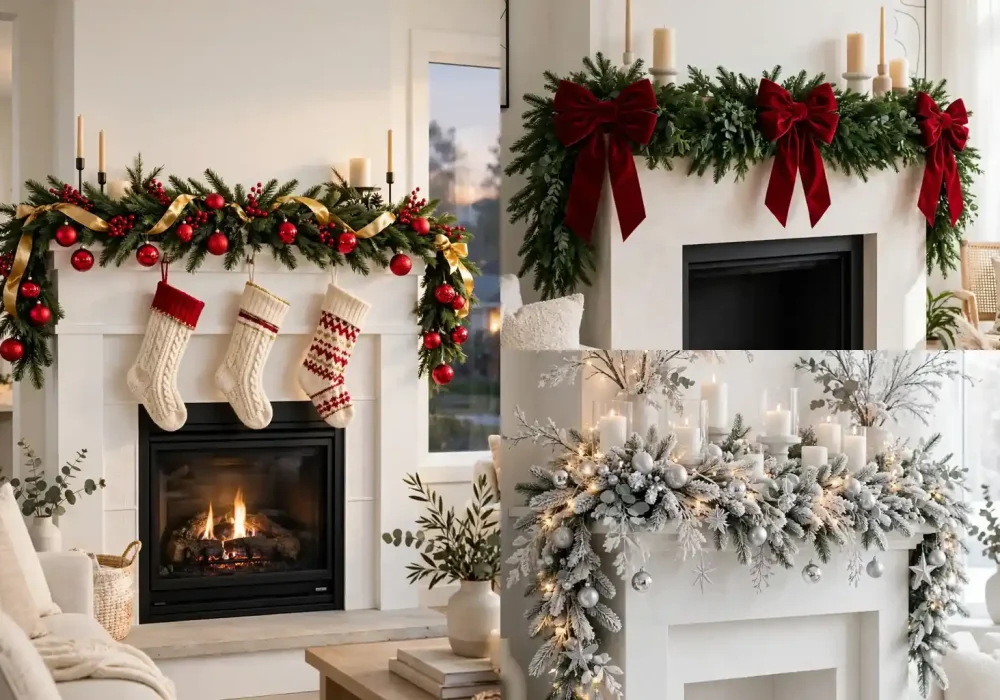 Stylish Christmas mantel decor ideas featured grid with garland, candles and stockings