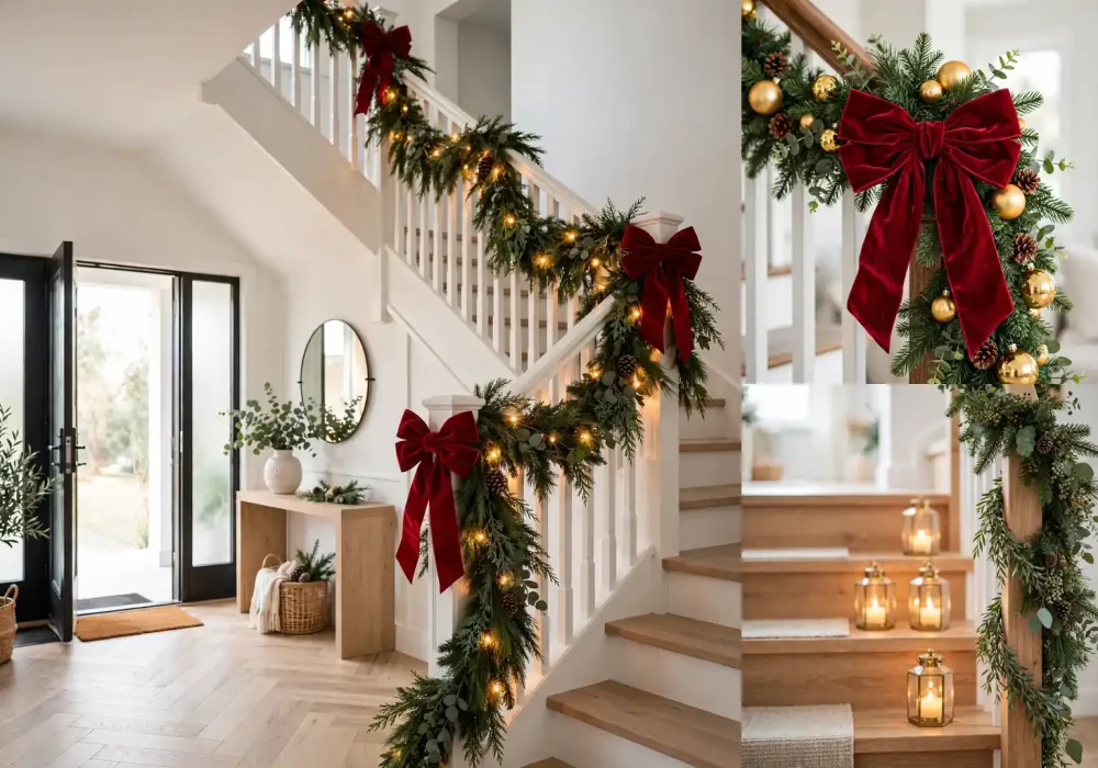 Beautiful Christmas staircase decor with evergreen garland, velvet bows and warm glowing lights in a bright entryway