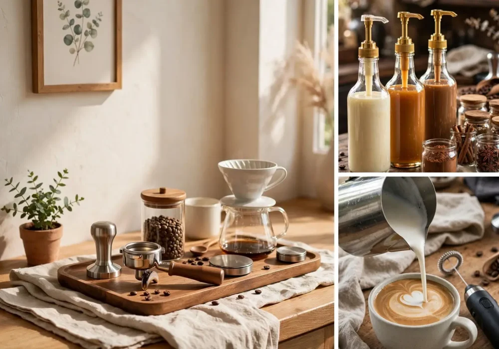 How to set up a coffee station at home collage with styled bar syrups and frother