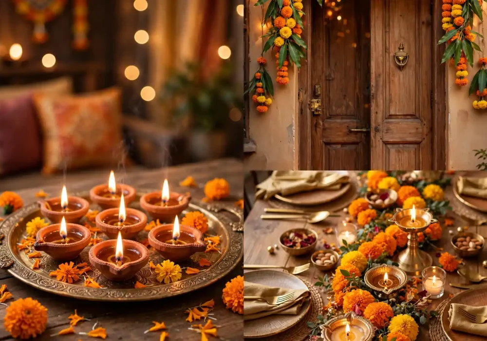 Diwali decoration ideas collage with glowing diyas on a brass tray, a marigold toran on a door, and a festive table centerpiece