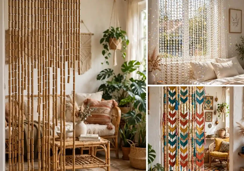 DIY beaded curtain ideas collage with bamboo doorway curtain