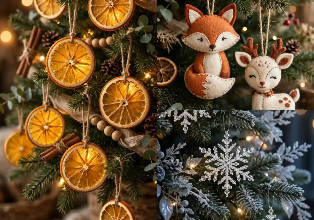 Featured grid of handmade diy christmas ornament ideas on a decorated holiday tree