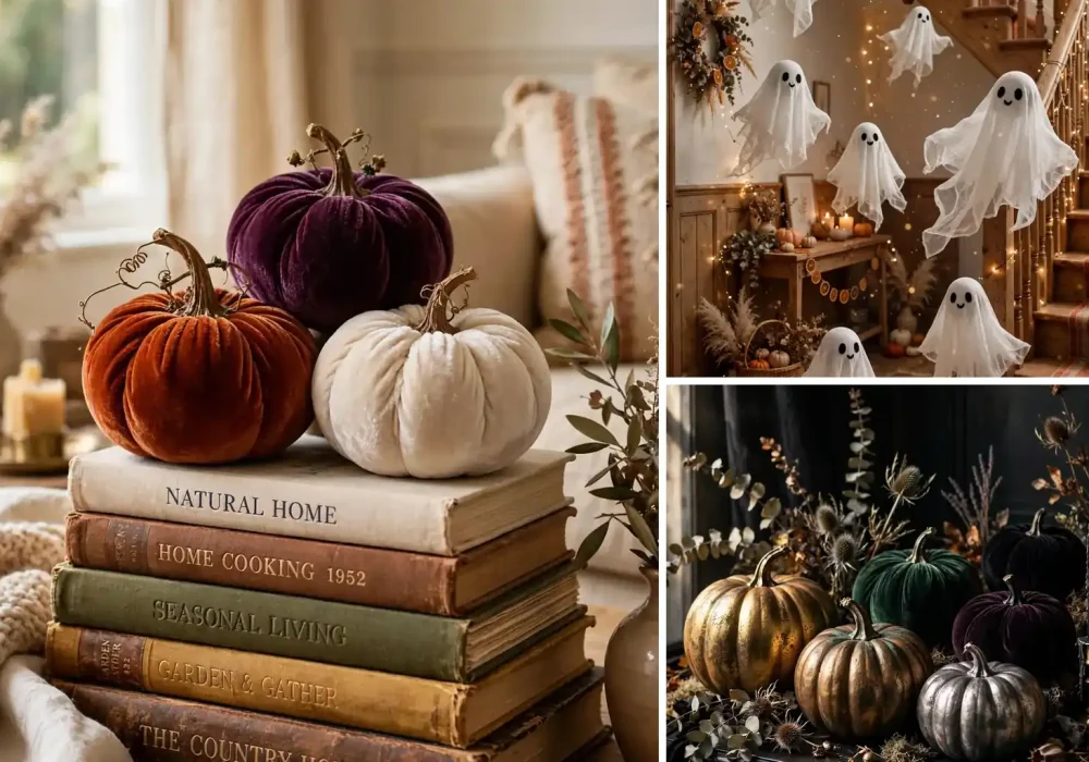 DIY Halloween decorations collage with velvet pumpkins and crafts