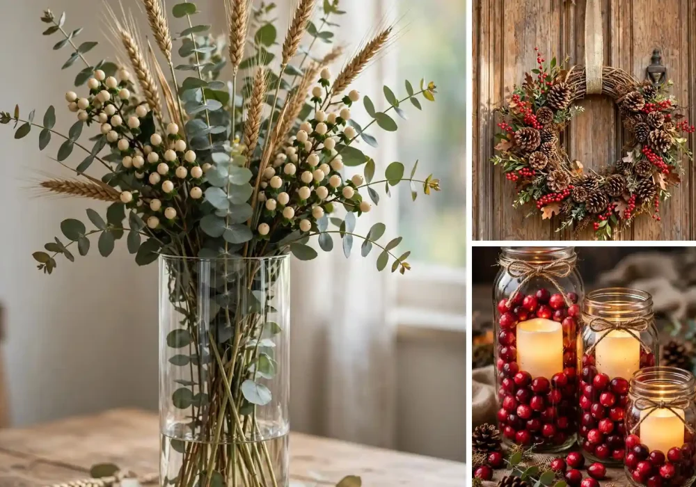 Dollar Tree Thanksgiving decor DIYs collage with centerpiece wreath and mason jars