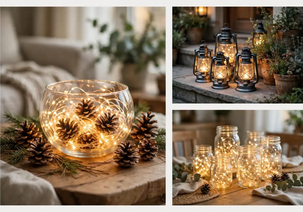 Cozy fall lighting ideas collage with fairy light bowl, lantern cluster, and mason jars