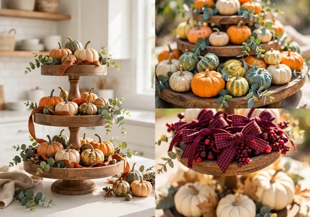 Fall tiered tray decor collage showing a styled three tier tray with pumpkins, ribbon and berry details.
