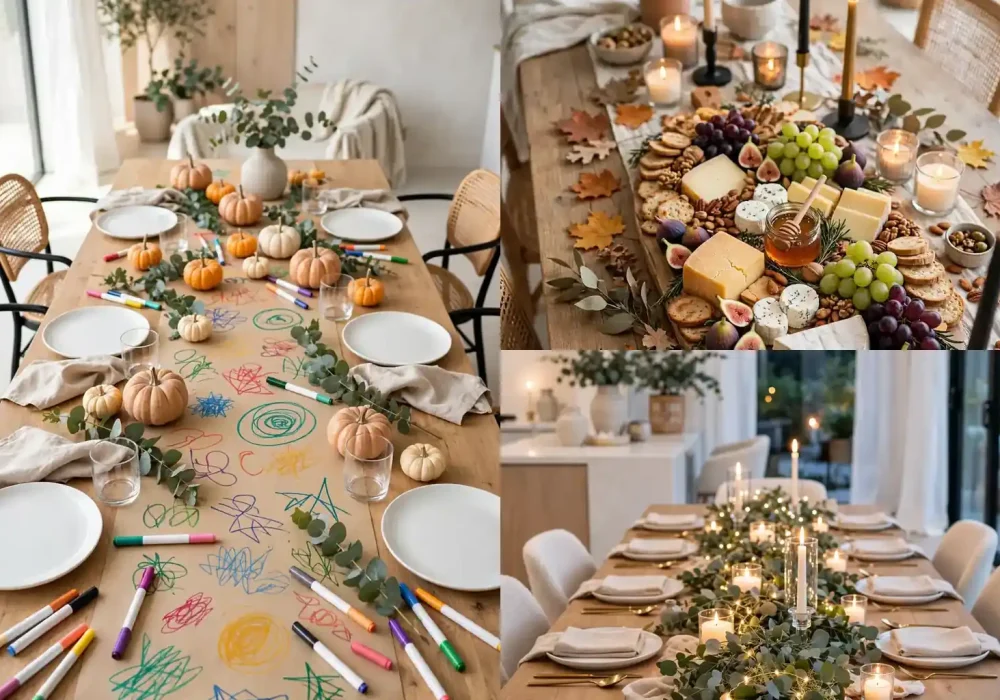 Friendsgiving table decor ideas featured collage of styled table details