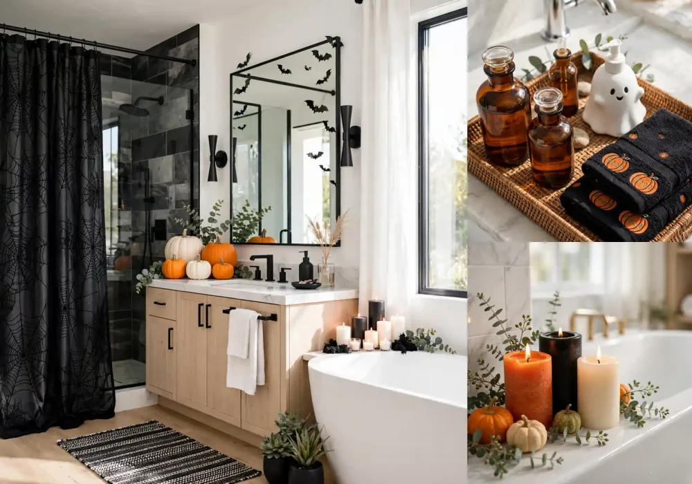 Spooky chic Halloween bathroom decor collage with shower curtain pumpkins and candles