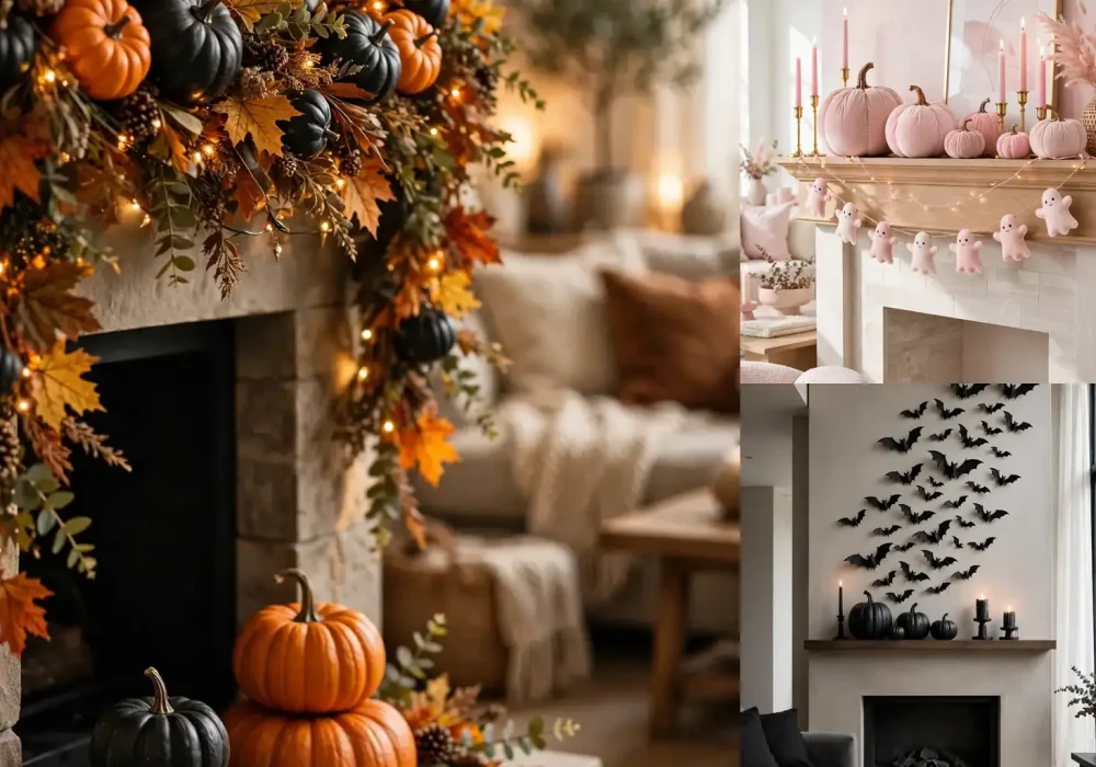 Stylish Halloween mantel decor ideas collage with pumpkins candles and spooky styling