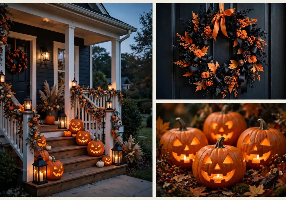 Halloween front porch collage: full porch scene with glowing pumpkins and lanterns, wreath close-up and jack-o'-lantern detail