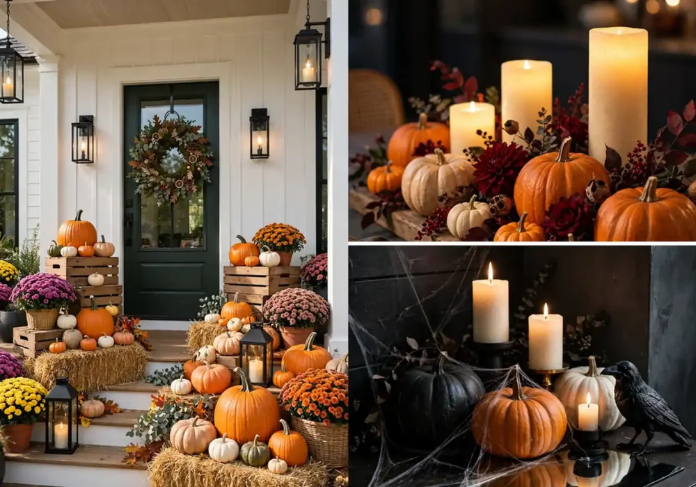 Featured collage of stylish halloween pumpkin decor ideas with a porch display hero and detail shots of candles and painted pumpkins