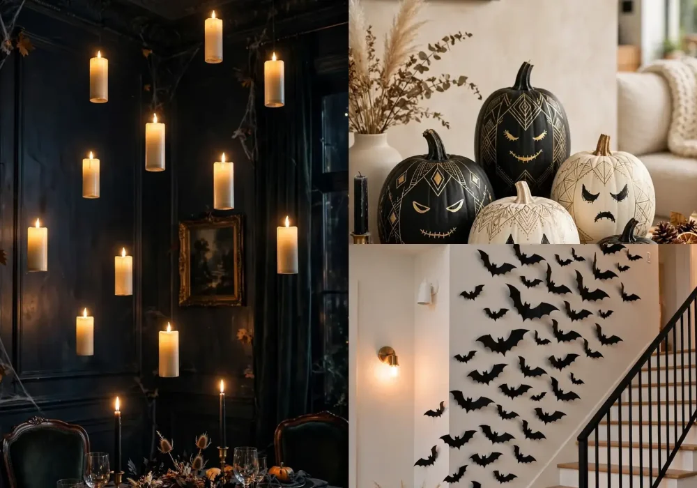 Collage of last minute halloween decor ideas including floating candles, painted pumpkins and a bat swarm wall