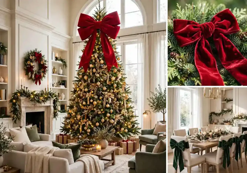 Oversized Christmas bow decor collage showing a tree crowned with a giant red velvet bow, a close up of velvet bow texture, and dining chairs with big green bows