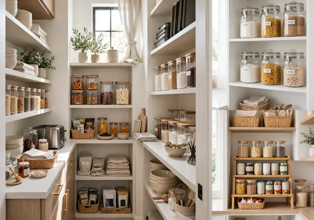 Small pantry organization Ideas collage showing zoned pantry, clear canisters and tiered risers