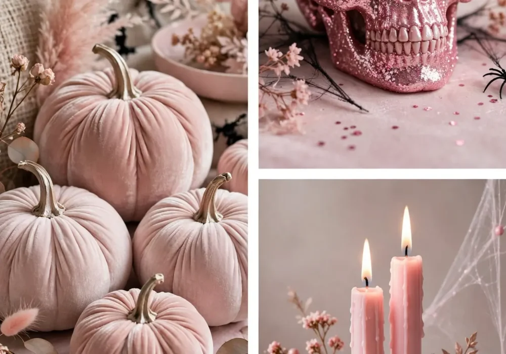 Pink Halloween decor collage, blush pumpkins, glitter skulls, and pink candles for a trendy spooky home