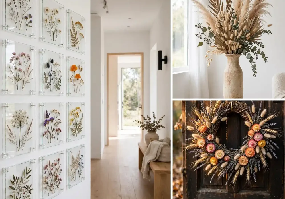 Pressed flower decor ideas collage with framed botanical art