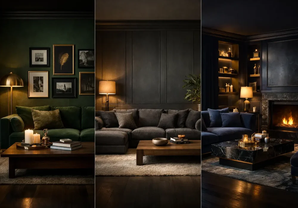 moody dark living room ideas collage with green sofa charcoal wall luxury fireplace cozy modern dark interior design inspiration