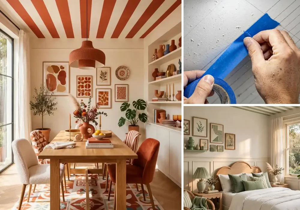 Striped ceiling DIY collage with finished terracotta stripes