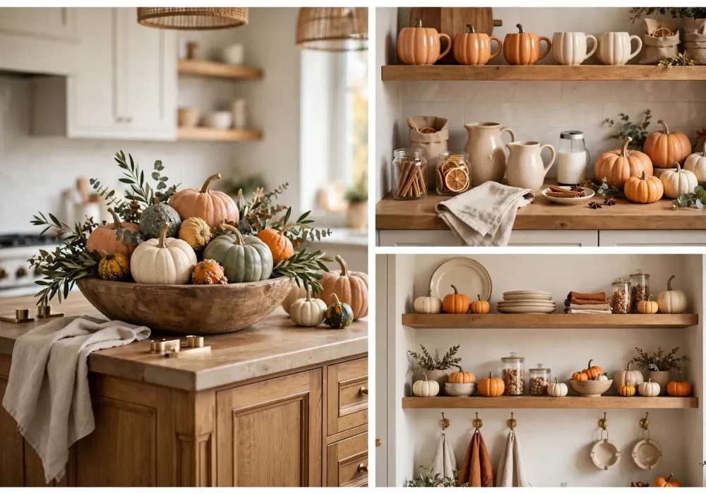 Thanksgiving kitchen decor ideas collage: pumpkin island centerpiece, coffee bar, and styled open shelves
