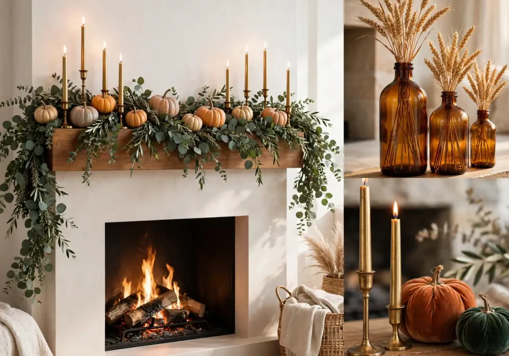 Thanksgiving mantel decor collage with a styled harvest mantel, amber glass, and pumpkins