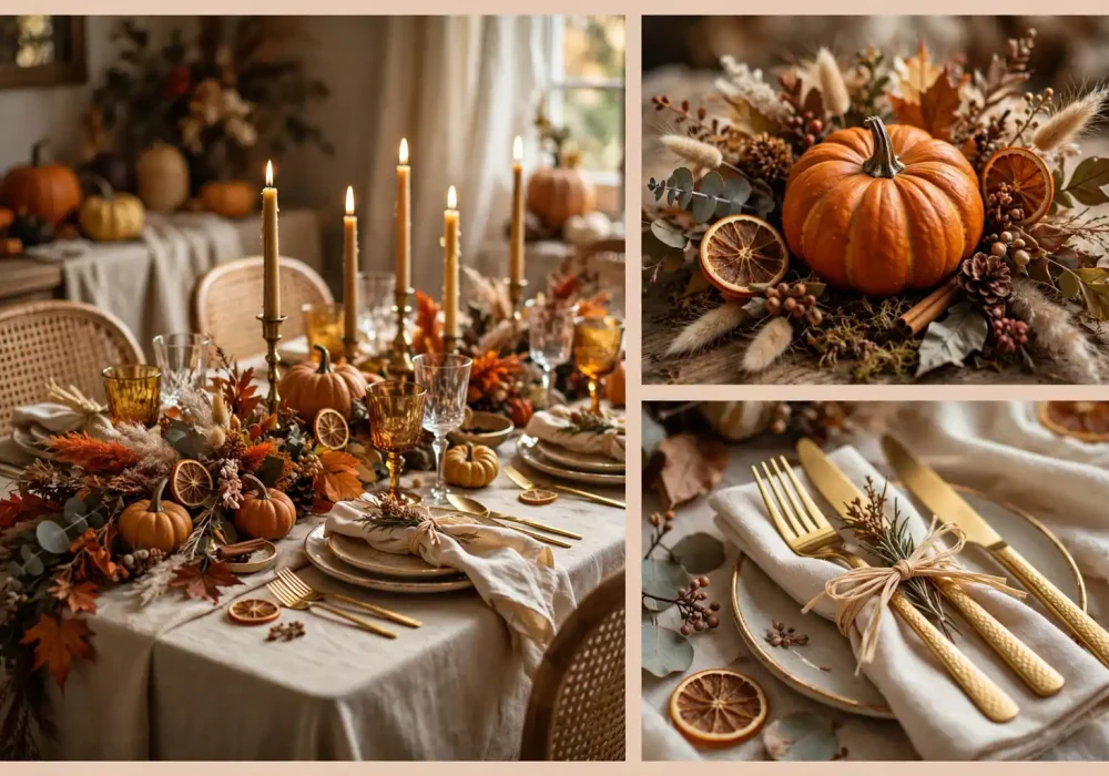 Elegant Thanksgiving table decor ideas collage with harvest tablescape, pumpkin centerpiece and gold flatware