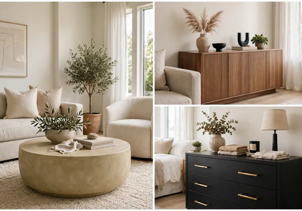 Thrift store furniture flips collage showing limewash coffee table, fluted sideboard and black brass dresser