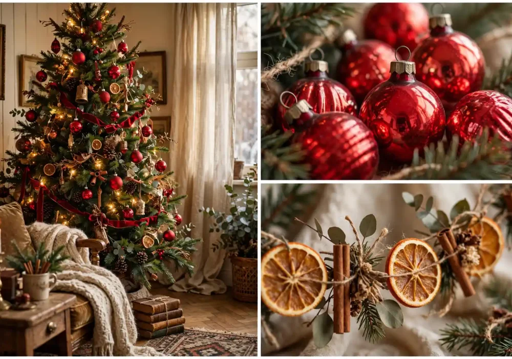 Nostalgic vintage Christmas living room collage: decorated tree with red ornaments, bauble close-up and dried orange garland detail